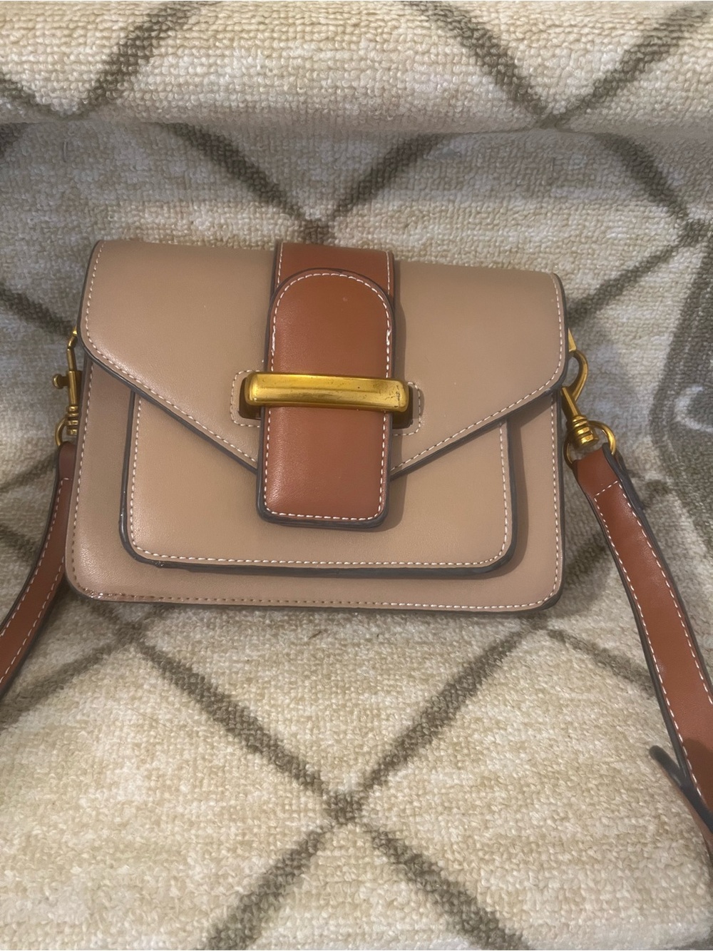 Taupe and Brown Leather Shoulder Bag with Gold Accent